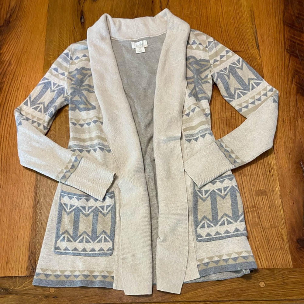 Kaisley 100% Cotton Open Front Sweater in Pretty Tan & Gray Aztec Print, Sz XS